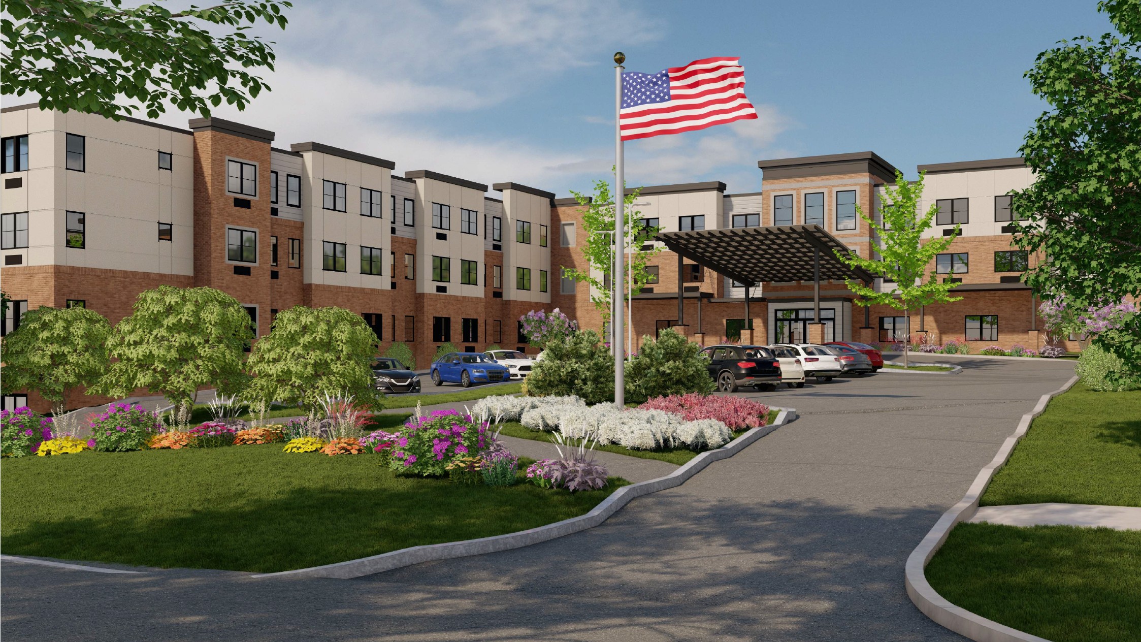 Westrum Corporate Aviv at Radnor is a modern three-story building with cars, an American flag, and landscaped gardens welcoming you along the entry path.