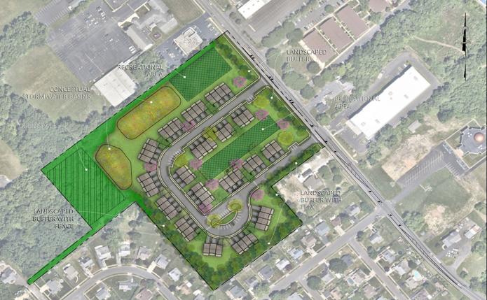 Westrum Corporate Aerial site plan of a residential housing development with roads, green spaces, and surrounding streets.