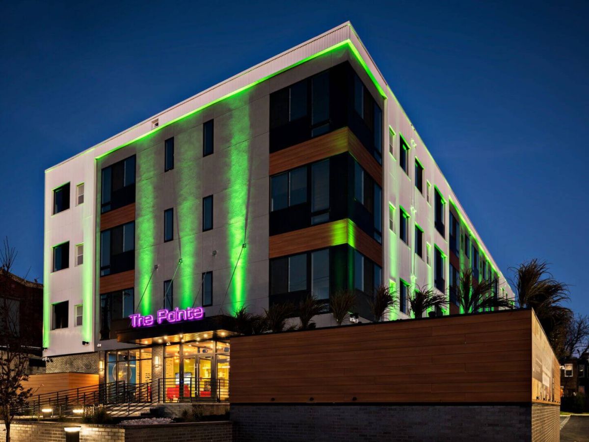 The Pointe at 31 Brewerytown urban multifamily community at night