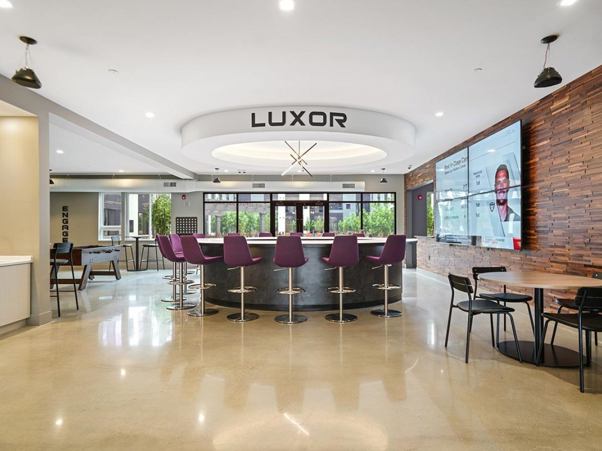 Westrum Corporate Modern lounge with purple bar stools, circular bar, large screen, and wood accents under the “LUXOR Lansdale” sign overhead.