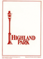 Westrum Corporate Red streetlamp and "Highland Park" text in bold red letters on a white background with a decorative border.