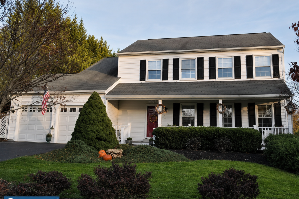 Westrum Corporate Two-story Highland Park suburban house with black shutters, front porch, and a well-kept lawn with bushes and pumpkins by the entrance.