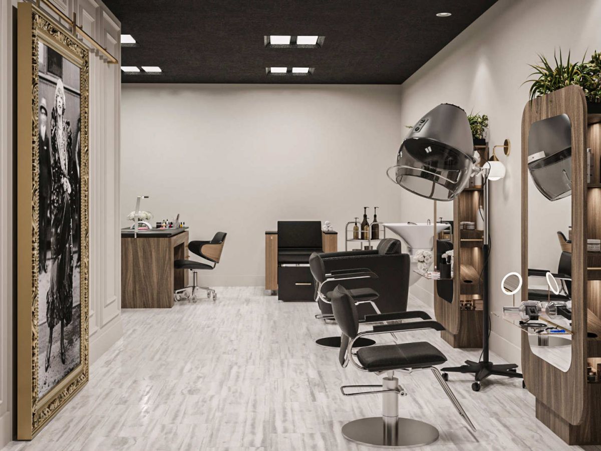 Westrum Corporate Modern hair salon with styling chairs and wall art, located at Aviv at Radnor, perfect for residents seeking luxury living.