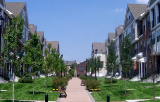 Westrum Corporate A tree-lined walkway runs between rows of modern townhouses with benches and grass on either side under a clear blue sky.