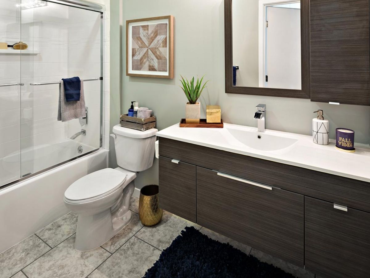 Westrum Corporate Modern bathroom in Pointe at 31 Brewerytown features a tub-shower combo, dark wood vanity, and stylish decor for Philadelphia apartments.