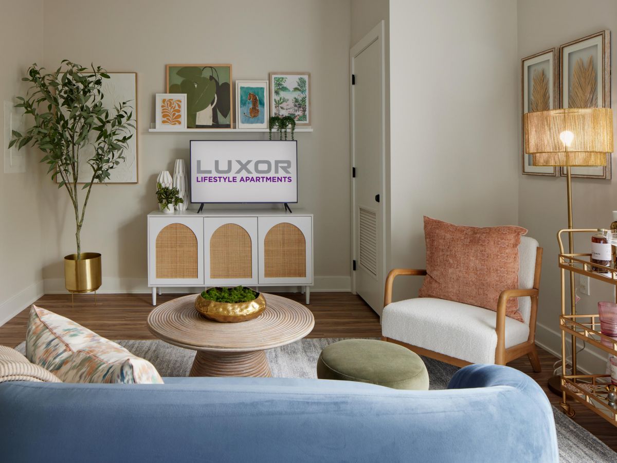 Westrum Corporate Modern living room in Luxor Montgomeryville apartments: plants, framed art, TV on white console, cozy seating, and a gold bar cart.